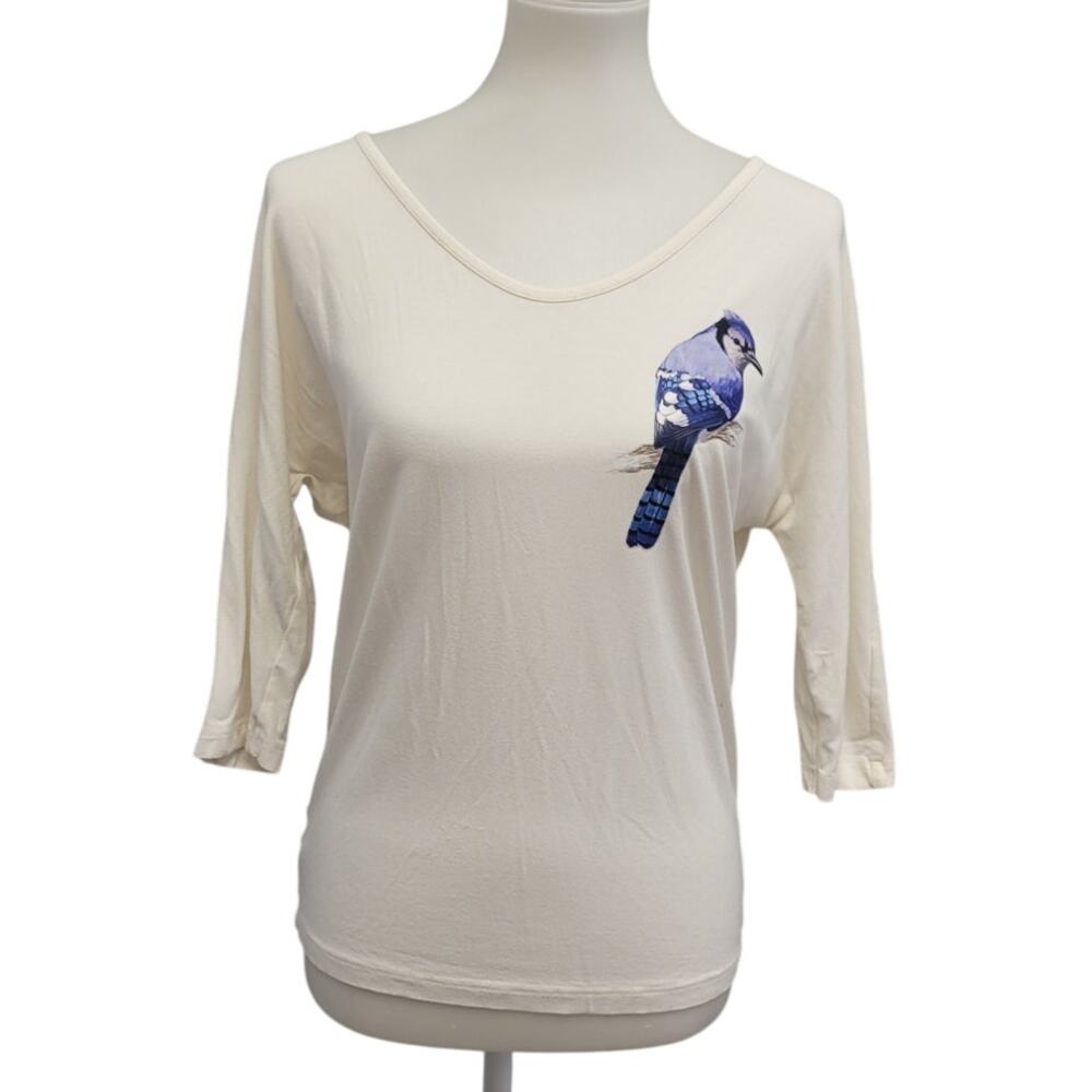 Hand Printed Upcycled Womens Medium Blue Jay Bird Long Sleeve 3/4 Sleeve Tee